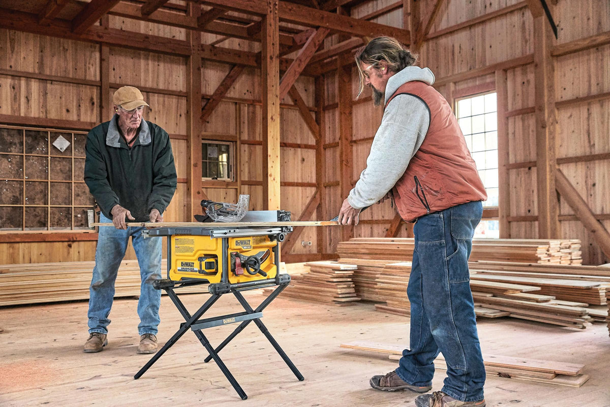 DEWALT jobsite table saw set up on its stand