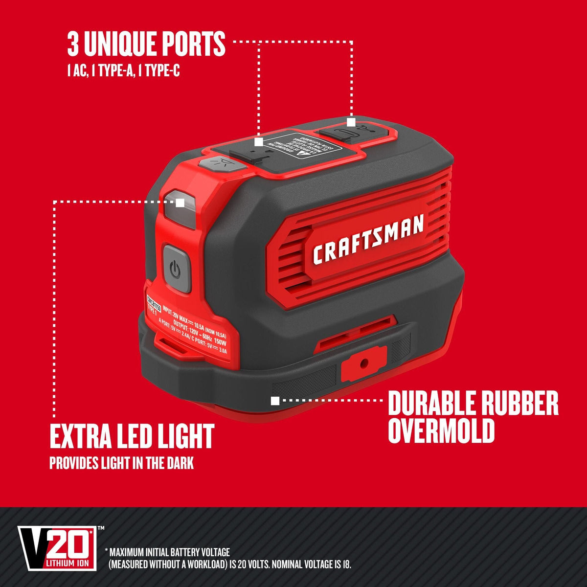 CRAFTSMAN V20* Estación de energía portátil/inversor (150 vatios) (solo herramienta) – Reacondicionado