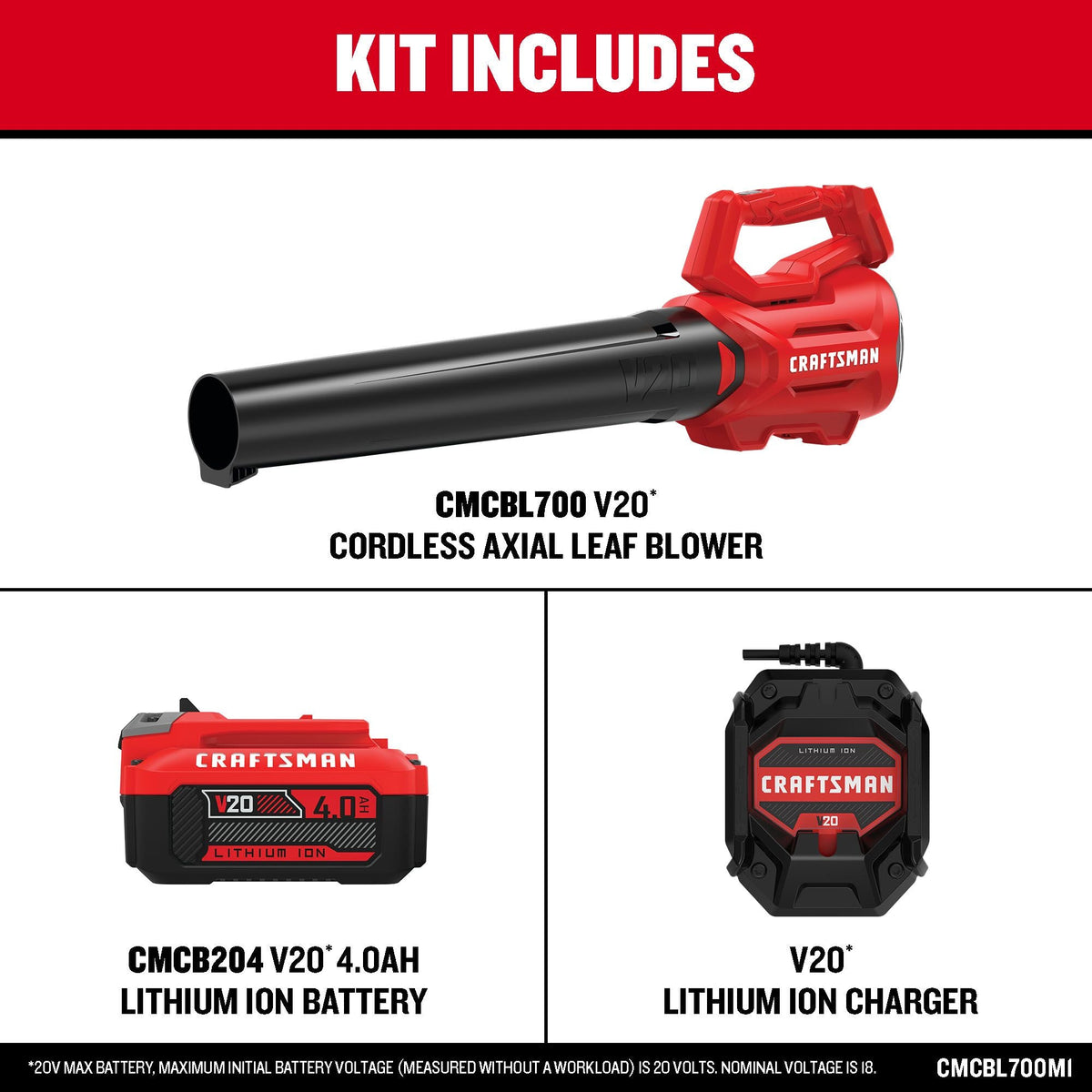 CRAFTSMAN V20* Cordless Axial Leaf Blower Kit with (1) 4.0Ah Battery and Charger – Reconditioned