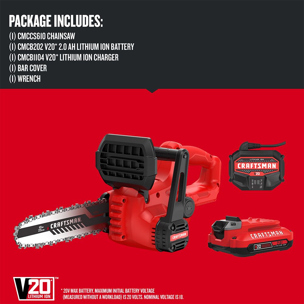 CRAFTSMAN V20* Kit de motosierra inalámbrica de 10 pulgadas con (1) batería de 2.0 Ah y cargador – Reacondicionado