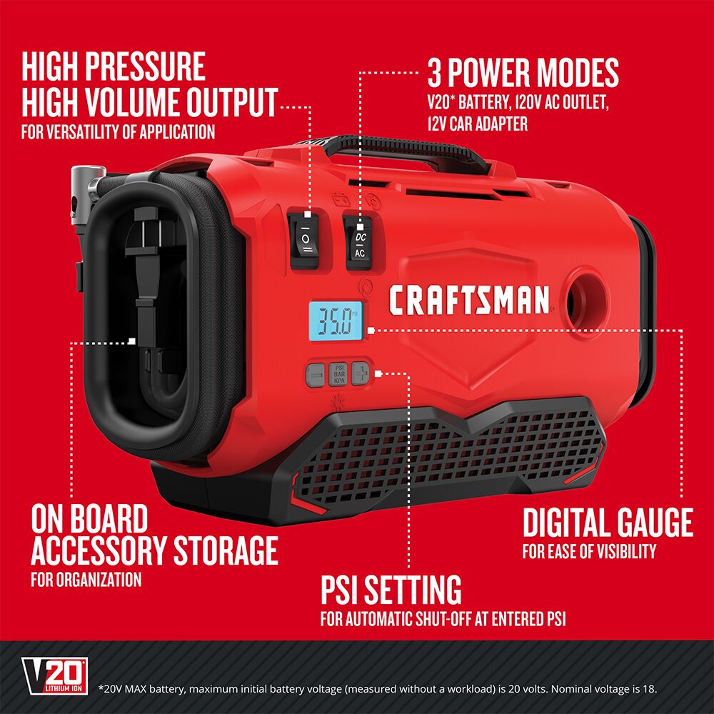 Inflador inalámbrico de alta presión CRAFTSMAN V20* (solo herramienta) – Reacondicionado