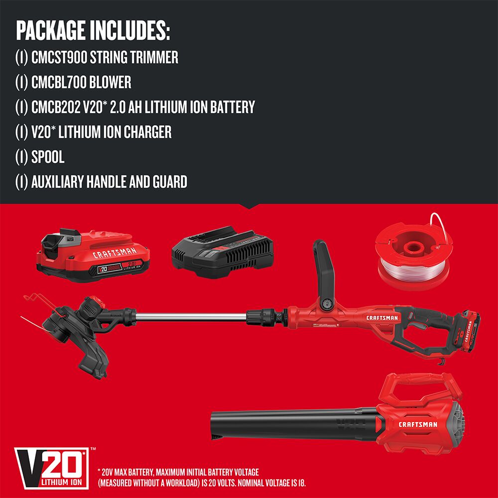 CRAFTSMAN V20* WEEDWACKER Kit combo de recortadora de bordes inalámbrica y soplador de hojas con batería de 2.0 Ah y cargador – Reacondicionado
