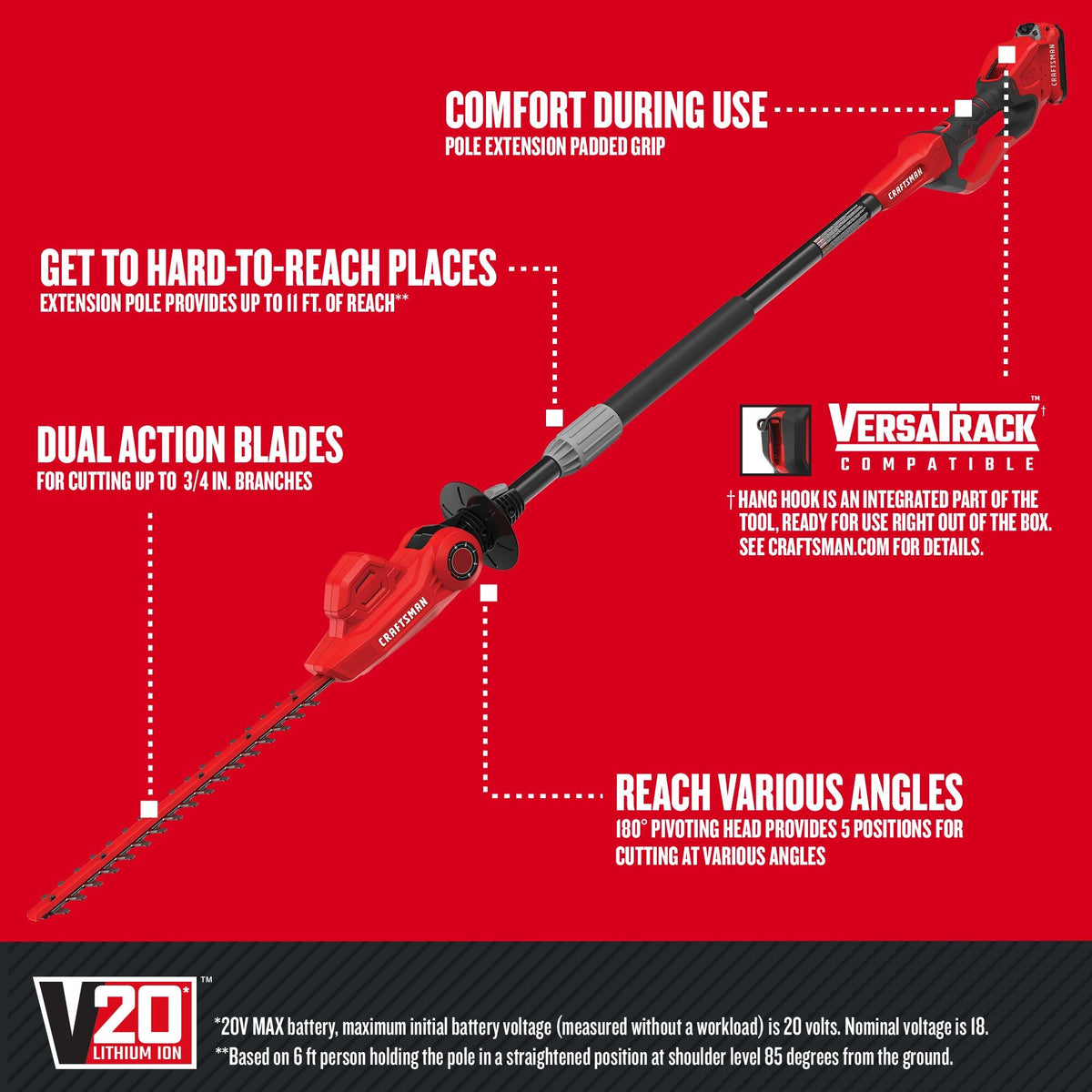 CRAFTSMAN V20* Kit de podadora de setos de asta inalámbrica de 18 pulgadas con (1) batería de 2.0ah y cargador – Reacondicionado