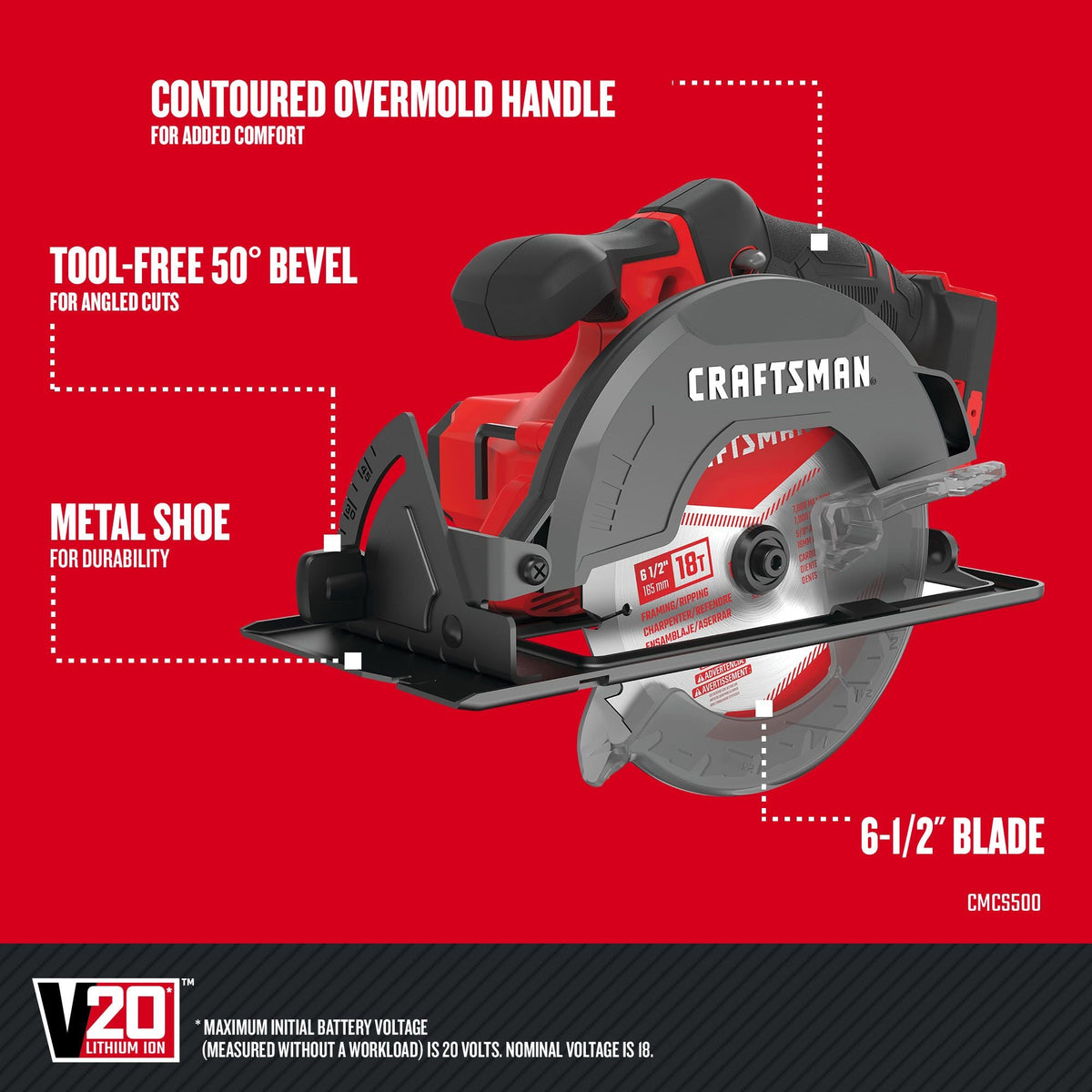 Sierra circular inalámbrica CRAFTSMAN V20* de 6-1/2 pulgadas (solo herramienta) – Reacondicionada