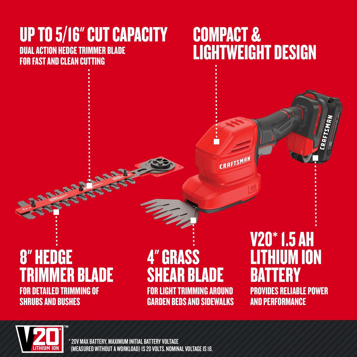 CRAFTSMAN V20* Cordless 2-in-1 8-Inch Hedge Trimmer and 4-Inch Grass Shear Kit with 1.5 Ah Battery and Charger – Reconditioned
