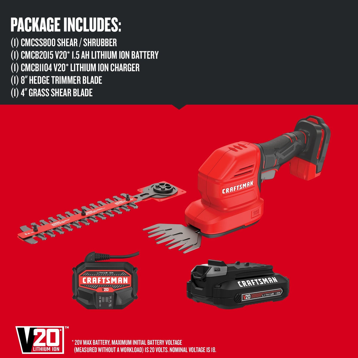 CRAFTSMAN V20* Cordless 2-in-1 8-Inch Hedge Trimmer and 4-Inch Grass Shear Kit with 1.5 Ah Battery and Charger – Reconditioned