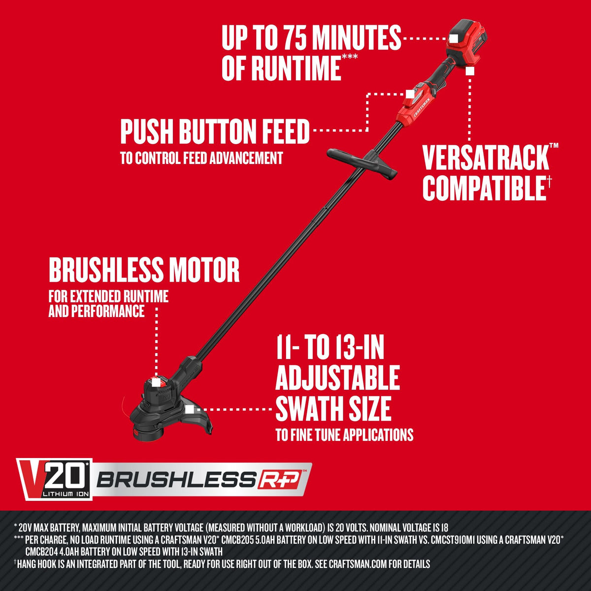 Recortadora de césped inalámbrica ajustable CRAFTSMAN V20* BRUSHLESS RP con (1) batería de 5.0 Ah y cargador – Reacondicionada
