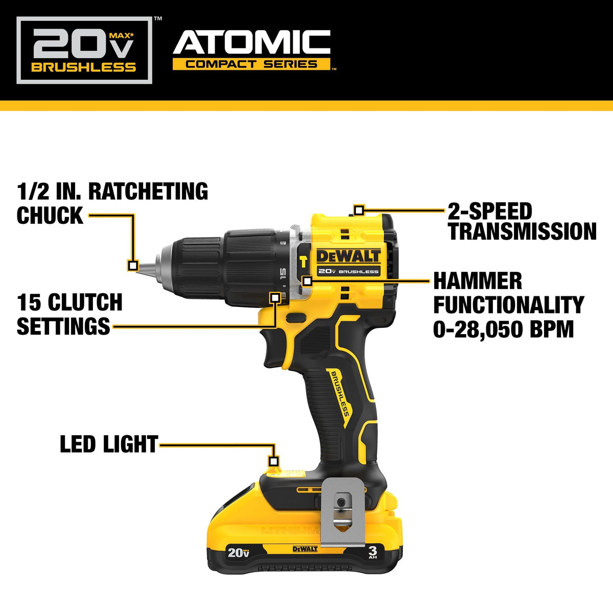 Kit de taladro percutor inalámbrico sin escobillas de 1/2 pulg. DEWALT ATOMIC 20V MAX* – Reacondicionado