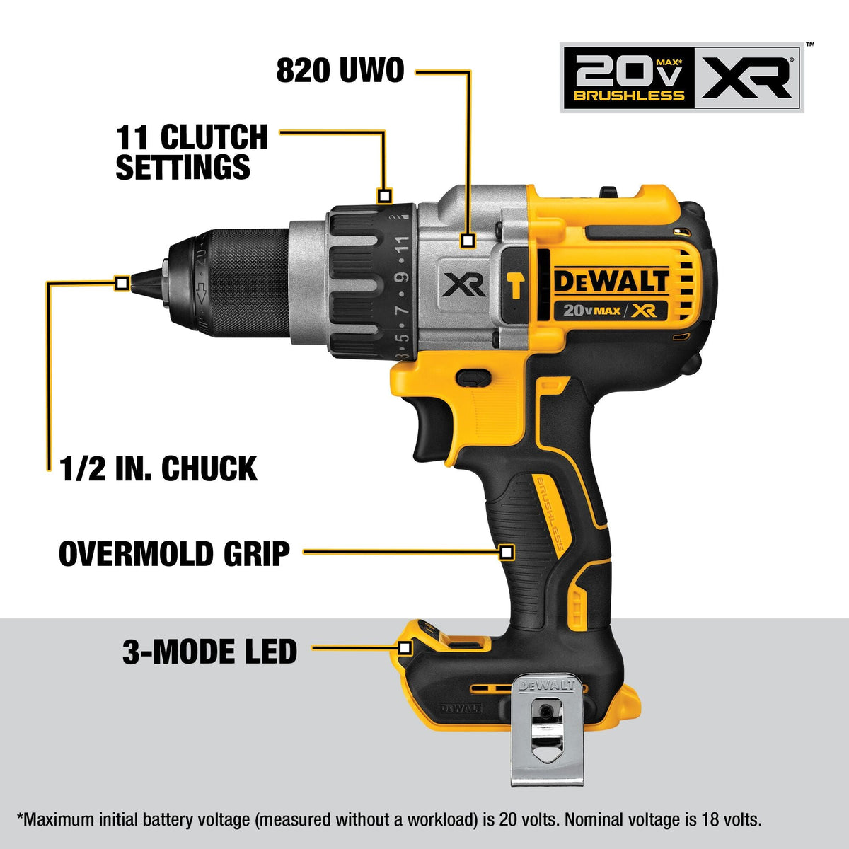 Taladro percutor DEWALT 20V MAX* XR sin escobillas, inalámbrico, de 1/2 pulgada (13 mm), de 3 velocidades (solo herramienta) – Reacondicionado