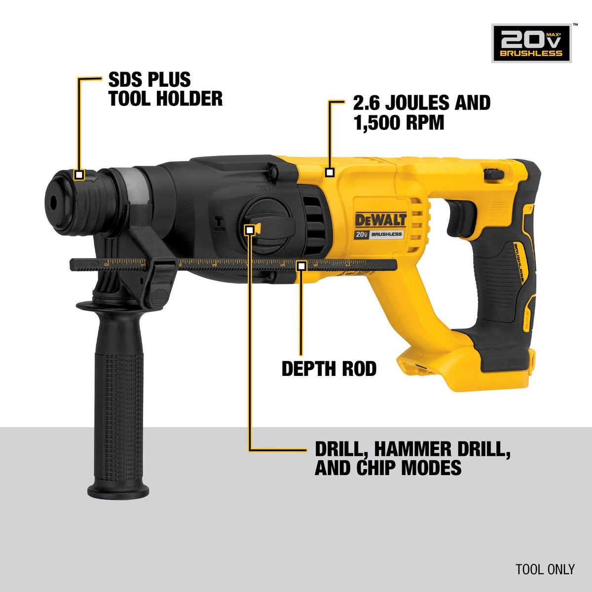 Martillo perforador inalámbrico DEWALT 20V MAX* de 1 pulg., sin escobillas, SDS PLUS, con mango en D (solo herramienta) – Reacondicionado