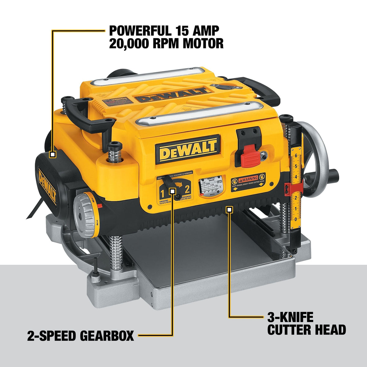 Cepillo eléctrico con cable DEWALT de 13 pulgadas (330 mm), tres cuchillas, dos velocidades (15 A) – Reacondicionado