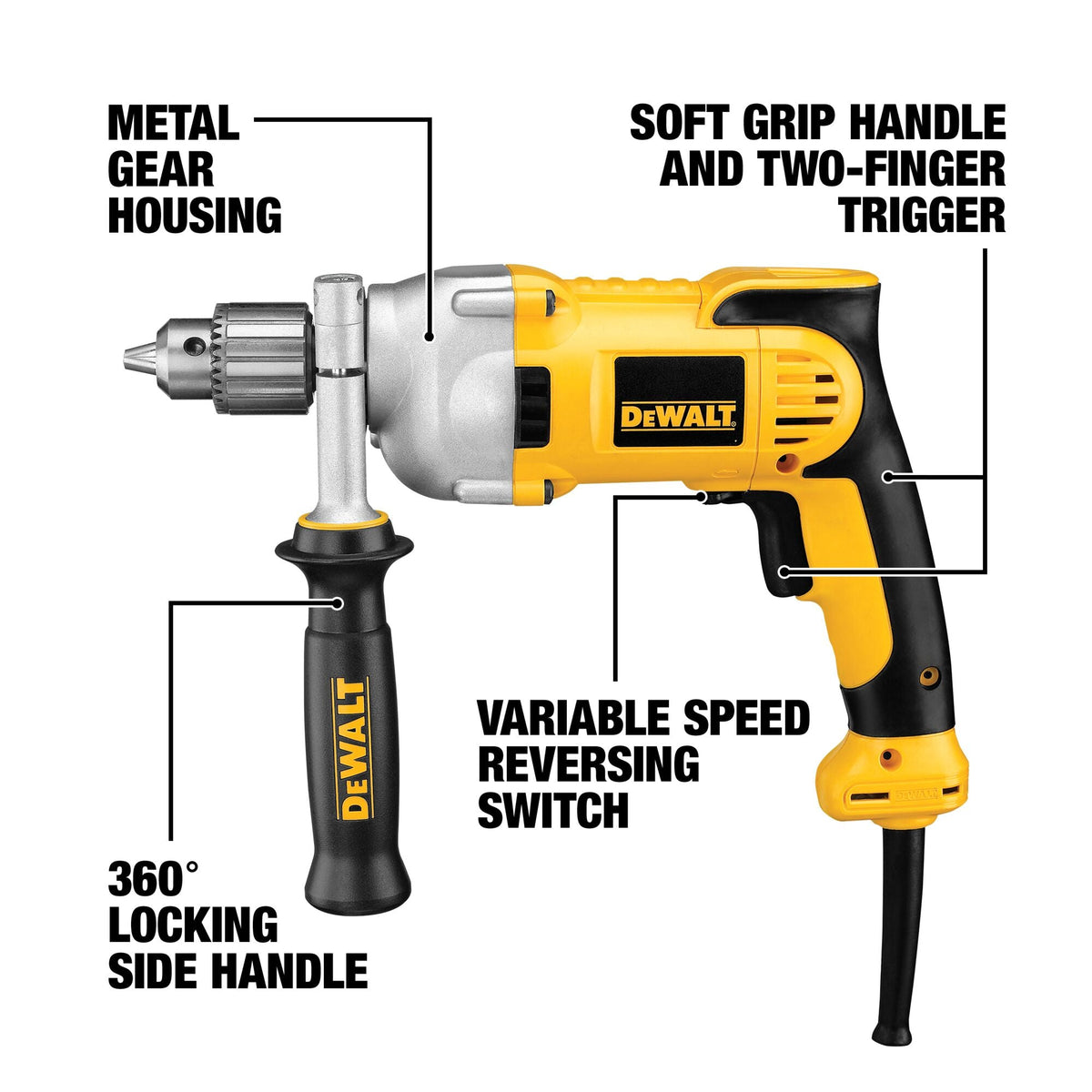 Taladro eléctrico con cable DEWALT de 1/2 pulgada (13 mm), empuñadura tipo pistola, 10 amperios – Reacondicionado
