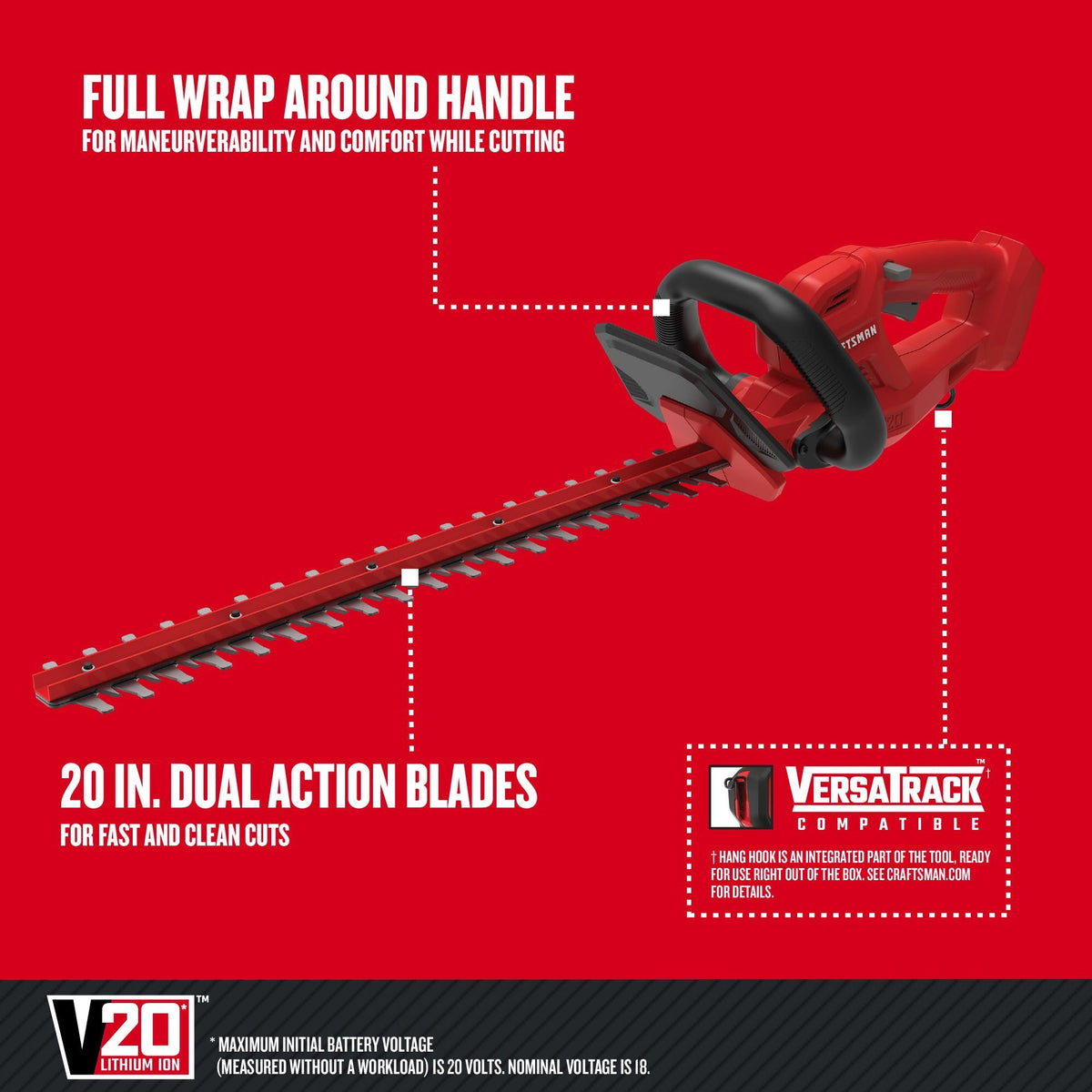 CRAFTSMAN V20* Recortasetos inalámbrico de 20 pulgadas con (1) batería de 1.5ah y cargador – Reacondicionado