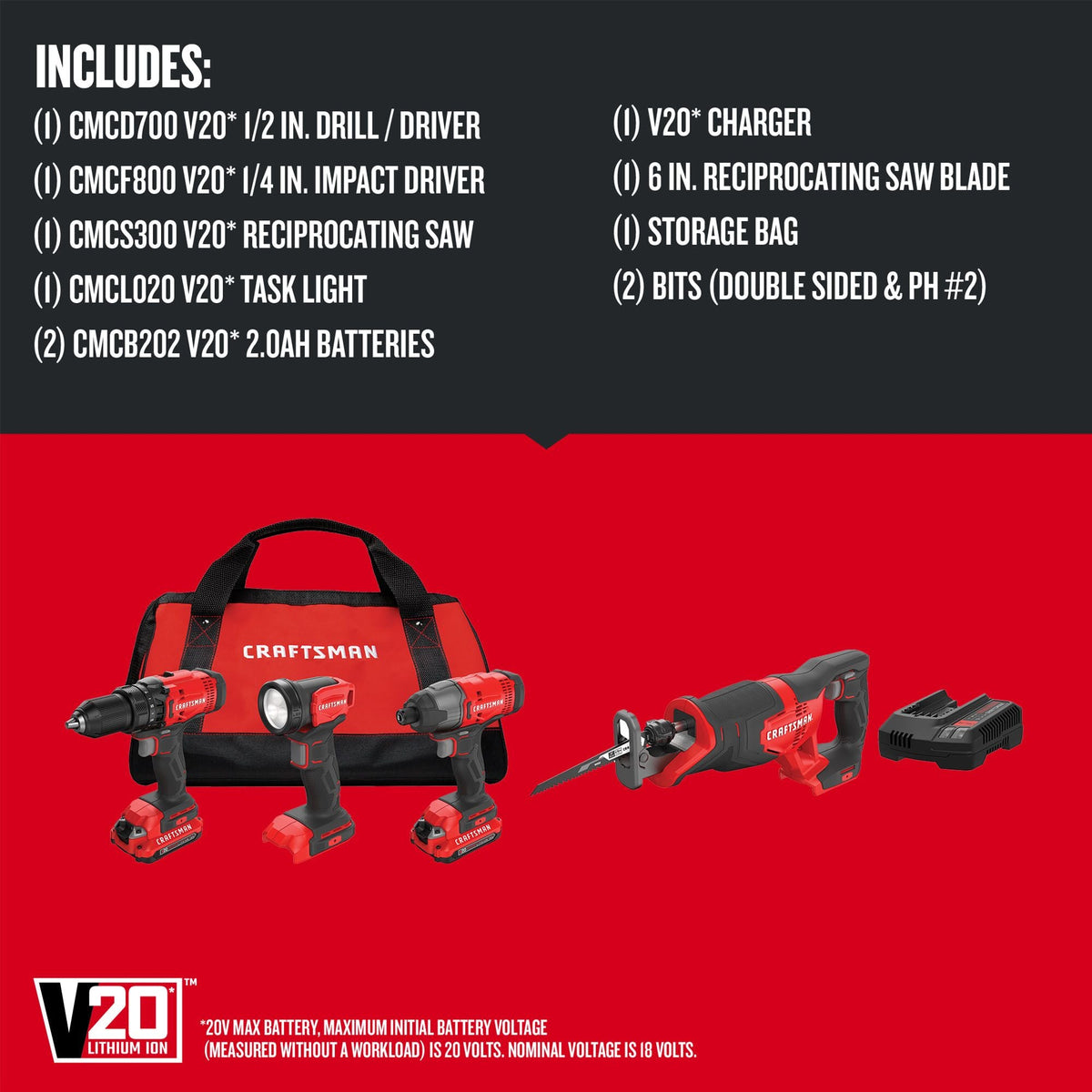 CRAFTSMAN V20* Kit combo inalámbrico de 4 herramientas con (2) baterías de 2.0Ah y cargador – Reacondicionado