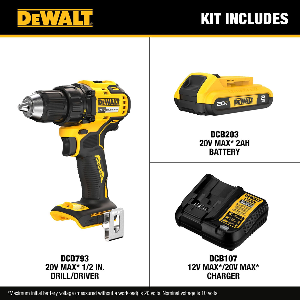 Kit de taladro/atornillador inalámbrico DEWALT 20V MAX* sin escobillas de 1/2 pulg. – Reacondicionado