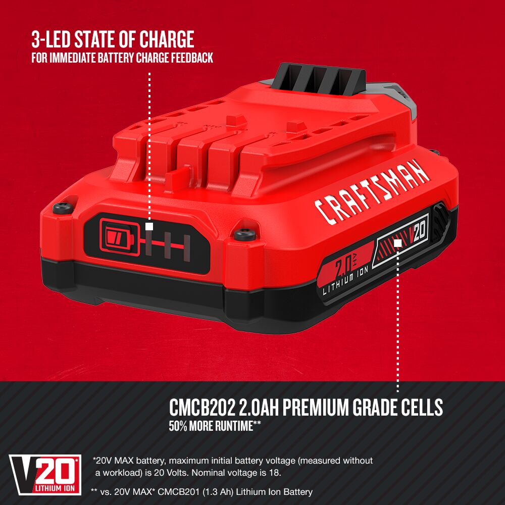 Kit de arranque CRAFTSMAN V20* con batería de iones de litio de 2 Ah y cargador (paquete de 2) – Reacondicionado