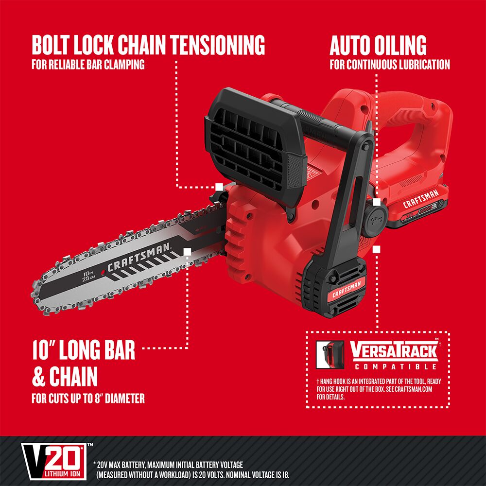 CRAFTSMAN V20* Kit de motosierra inalámbrica de 10 pulgadas con (1) batería de 2.0 Ah y cargador – Reacondicionado