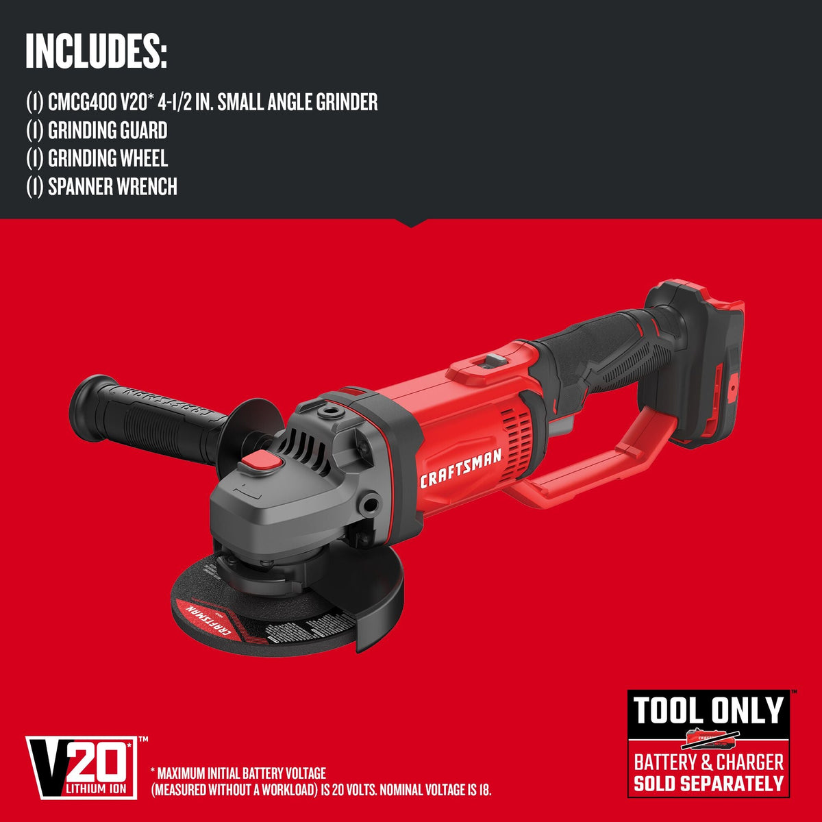 CRAFTSMAN V20* Esmeriladora angular pequeña inalámbrica de 4.5 pulgadas (Solo herramienta) – Reacondicionada