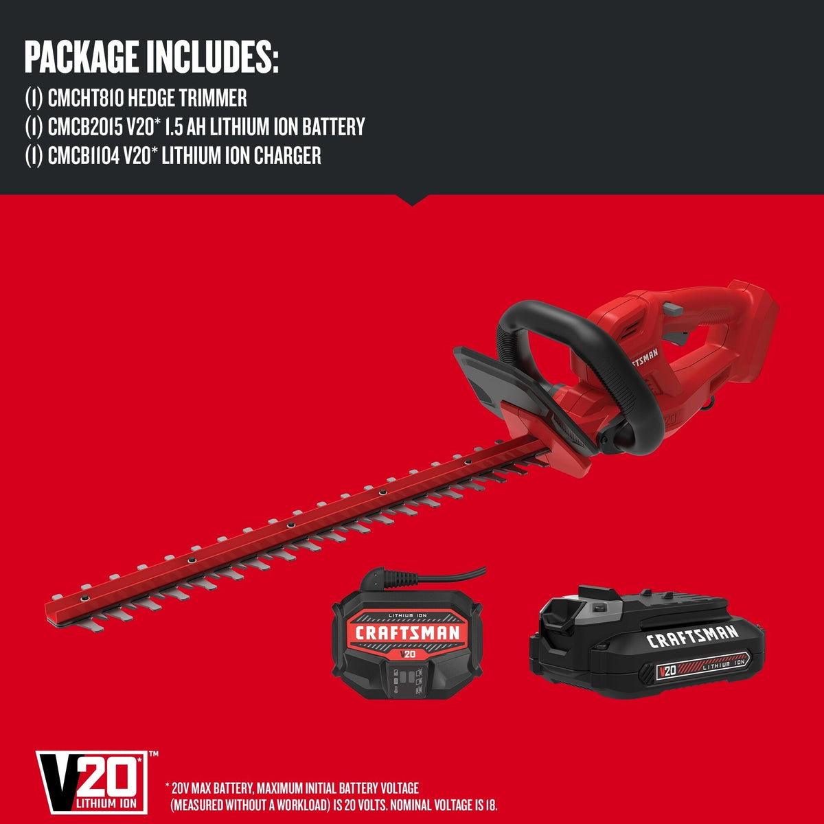 CRAFTSMAN V20* Recortasetos inalámbrico de 20 pulgadas con (1) batería de 1.5ah y cargador – Reacondicionado
