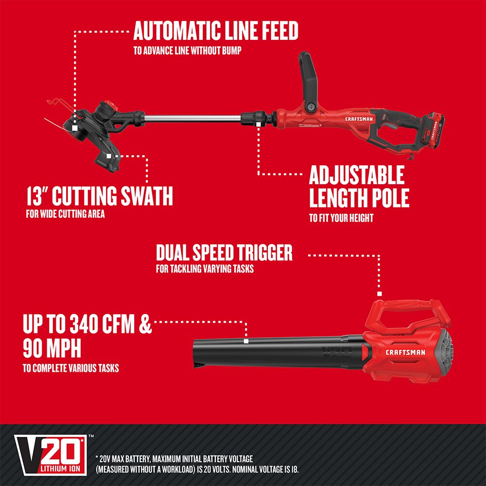 CRAFTSMAN V20* WEEDWACKER Kit combo de recortadora de bordes inalámbrica y soplador de hojas con batería de 2.0 Ah y cargador – Reacondicionado
