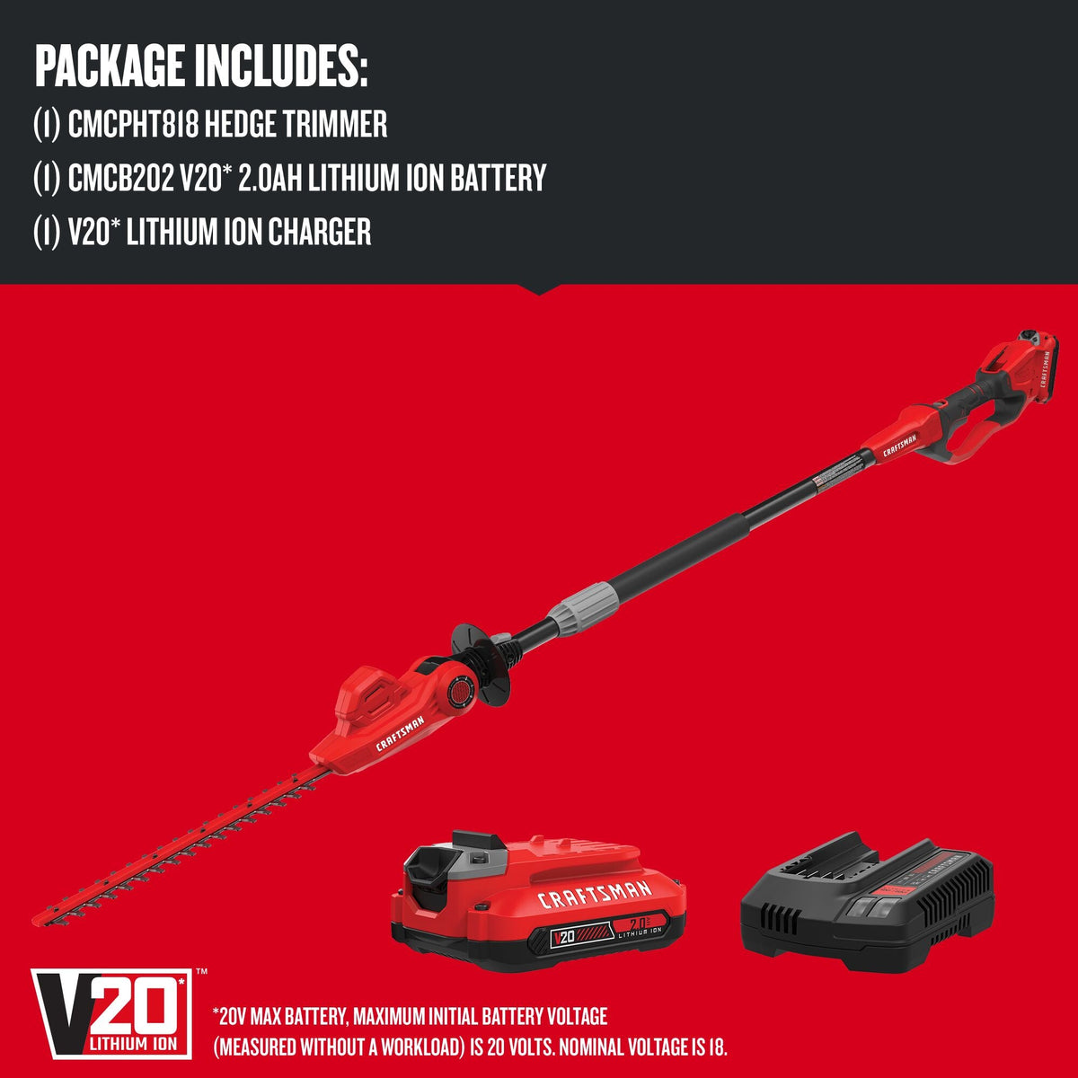 CRAFTSMAN V20* Kit de podadora de setos de asta inalámbrica de 18 pulgadas con (1) batería de 2.0ah y cargador – Reacondicionado