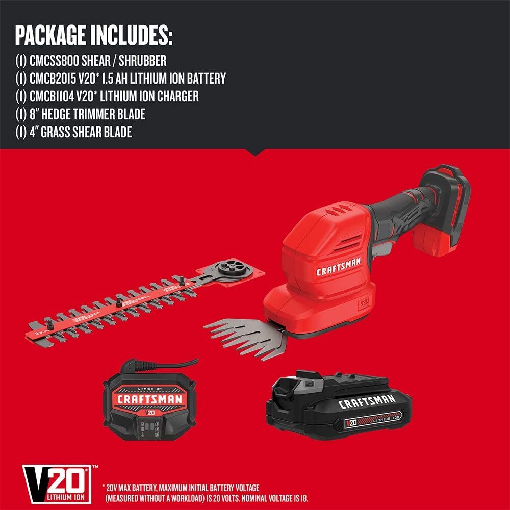 CRAFTSMAN V20* Cordless 2-in-1 8-Inch Hedge Trimmer and 4-Inch Grass Shear Kit with 1.5 Ah Battery and Charger – Reconditioned