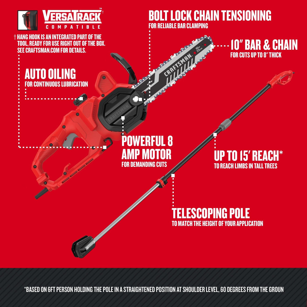 CRAFTSMAN Motosierra de pértiga eléctrica de 10 pulgadas con pértiga de extensión (8 amperios) – Reacondicionada