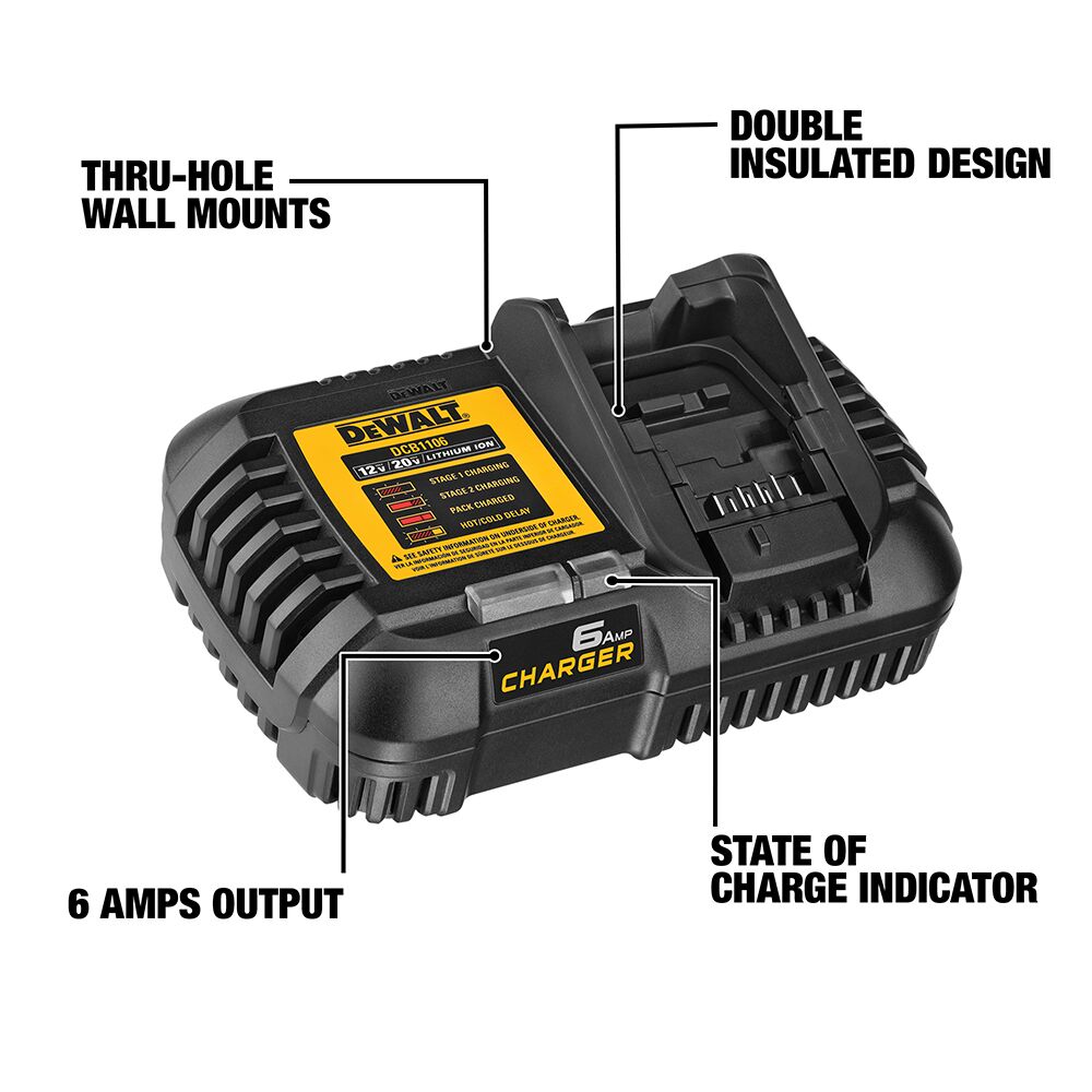 Cargador rápido DEWALT 12V MAX*/20V MAX*/FLEXVOLT de 6 A – Reacondicionado