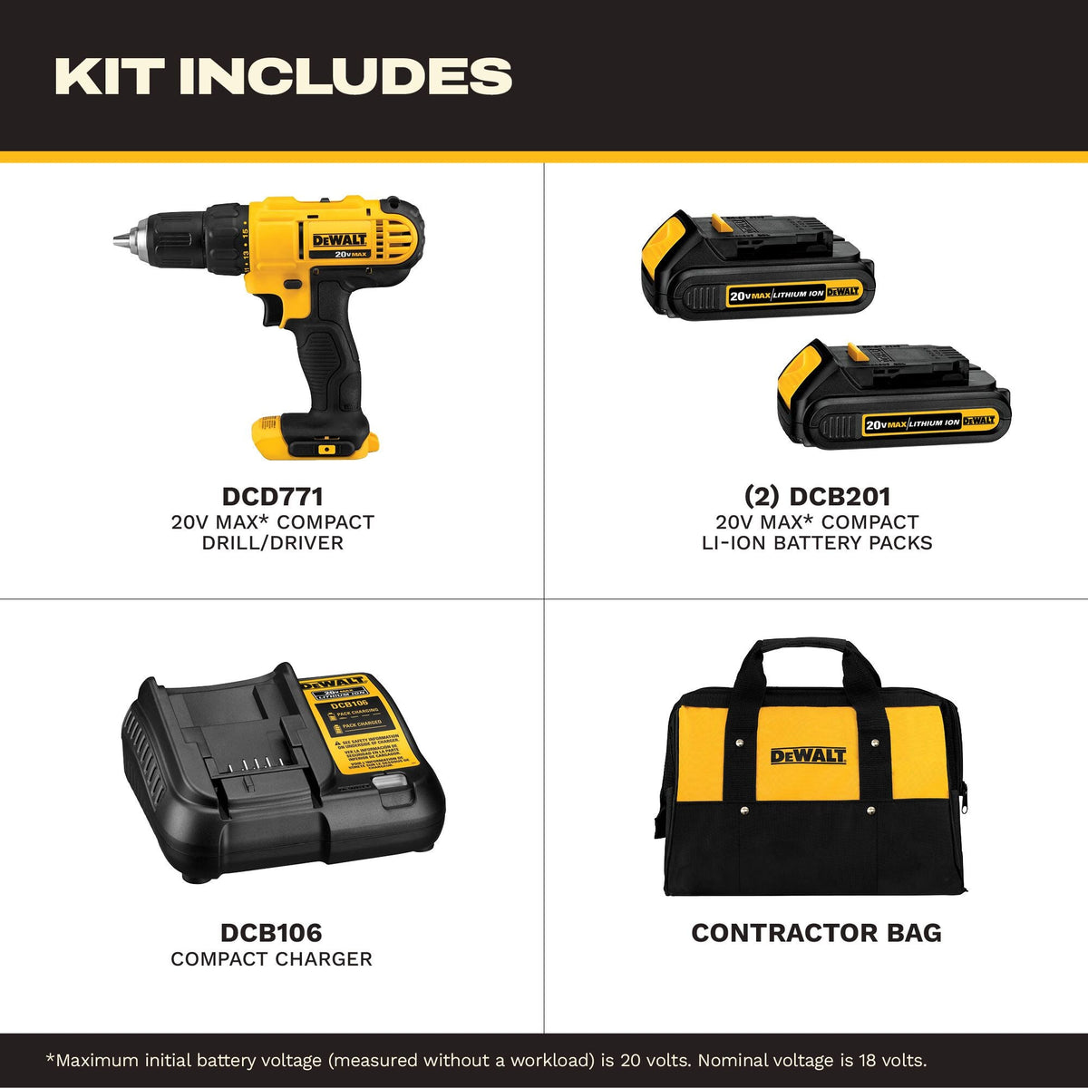 Kit de taladro/atornillador compacto DEWALT 20V MAX* – Reacondicionado