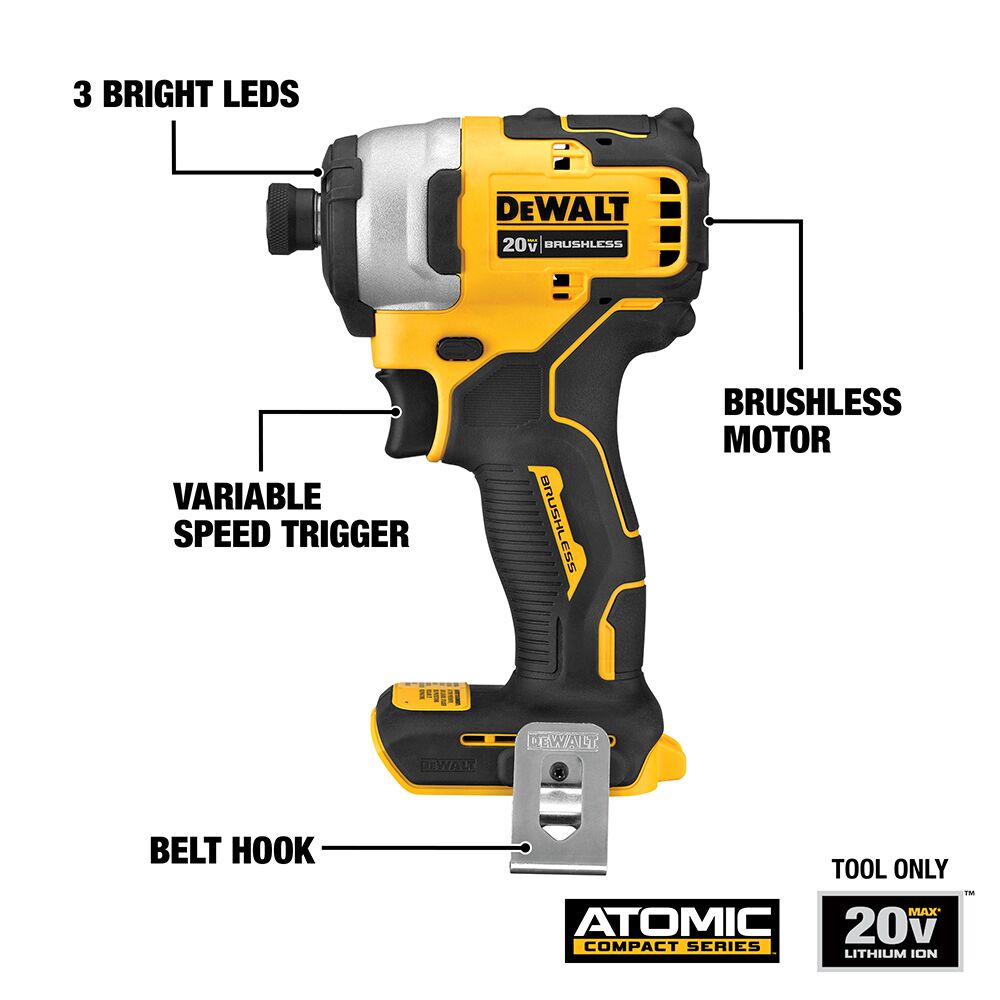 DEWALT 20V MAX* ATOMIC Brushless Cordless 1/4-Inch (6.4mm) Compact Impact Driver (Tool Only) – Reconditioned