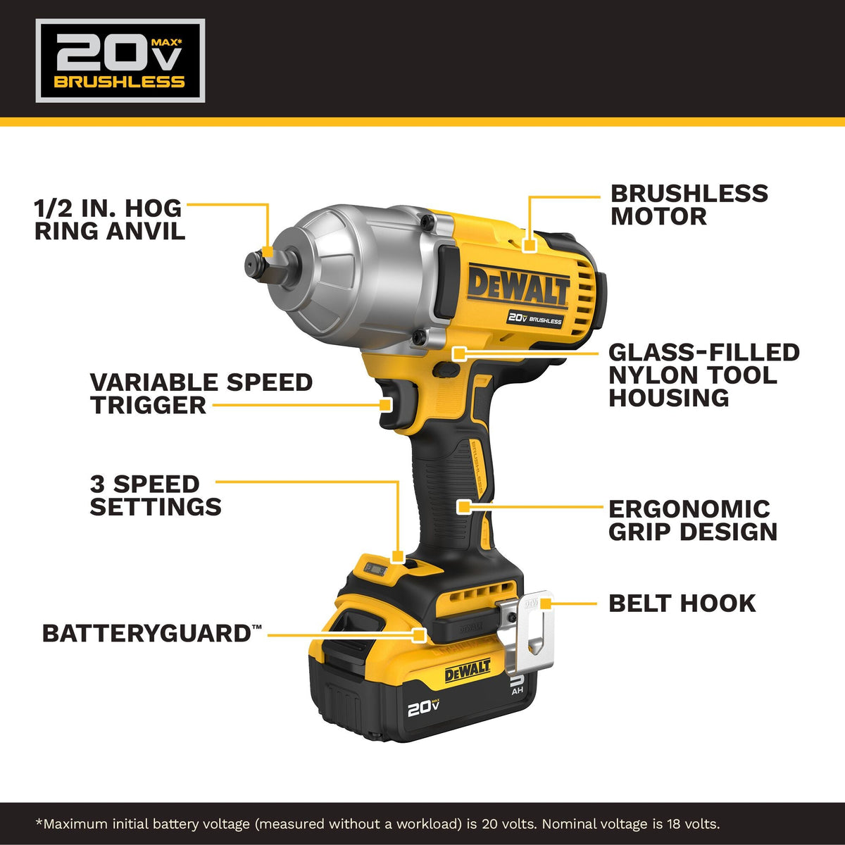 Llave de impacto de alto torque DEWALT 20V MAX* XR de 1/2 pulg. con yunque de anillo de retención – Reacondicionada