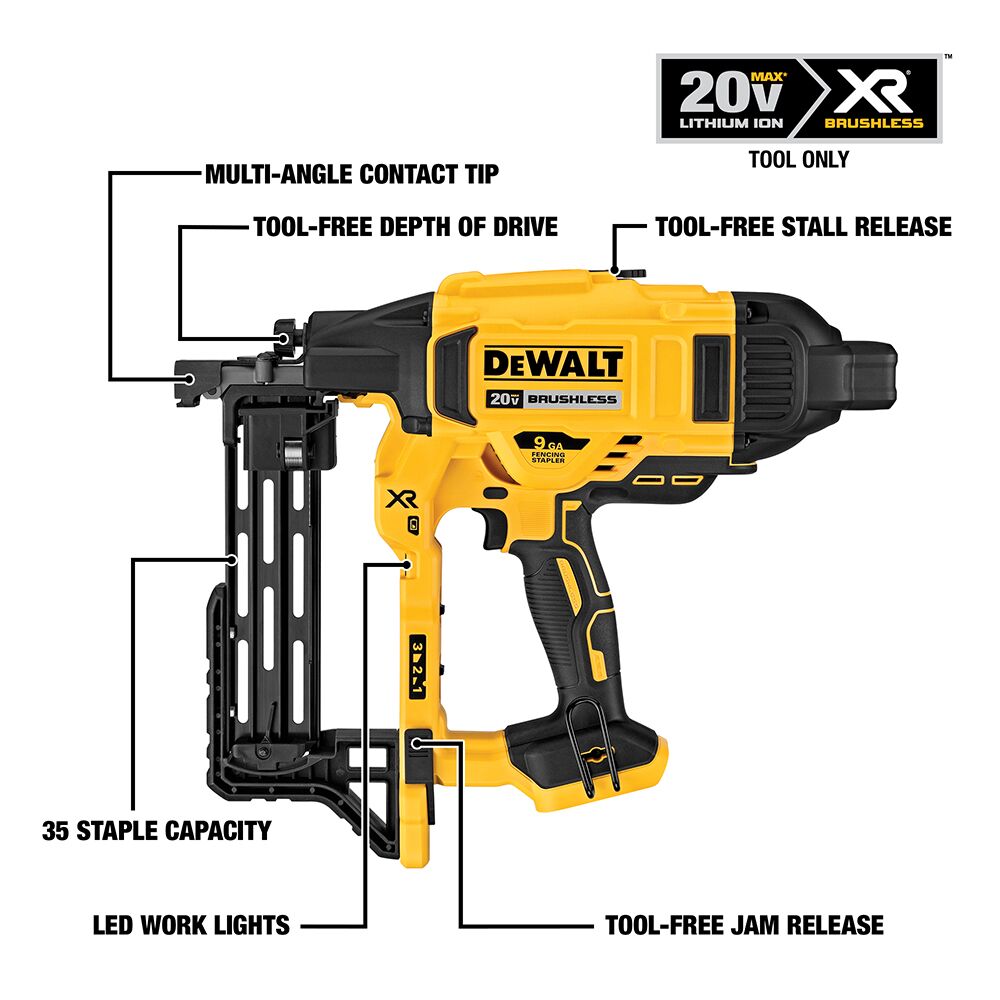 DEWALT 20V MAX* XR Engrapadora de cercas inalámbrica de 9ga (Solo herramienta) – Reacondicionada