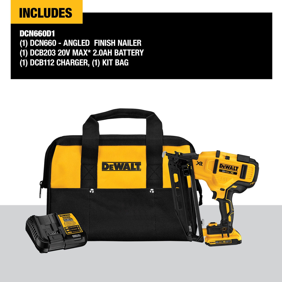 DEWALT 20V MAX* XR Engrapadora angular de acabado 16 GA - Kit – Reacondicionada