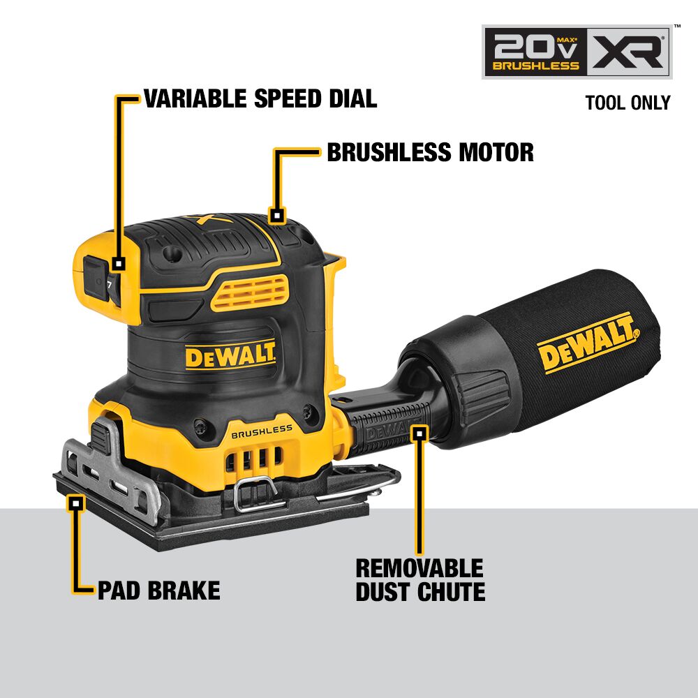 Lijadora DEWALT 20V MAX* XR sin escobillas, inalámbrica, de velocidad variable para láminas de 1/4 (solo herramienta) – Reacondicionada