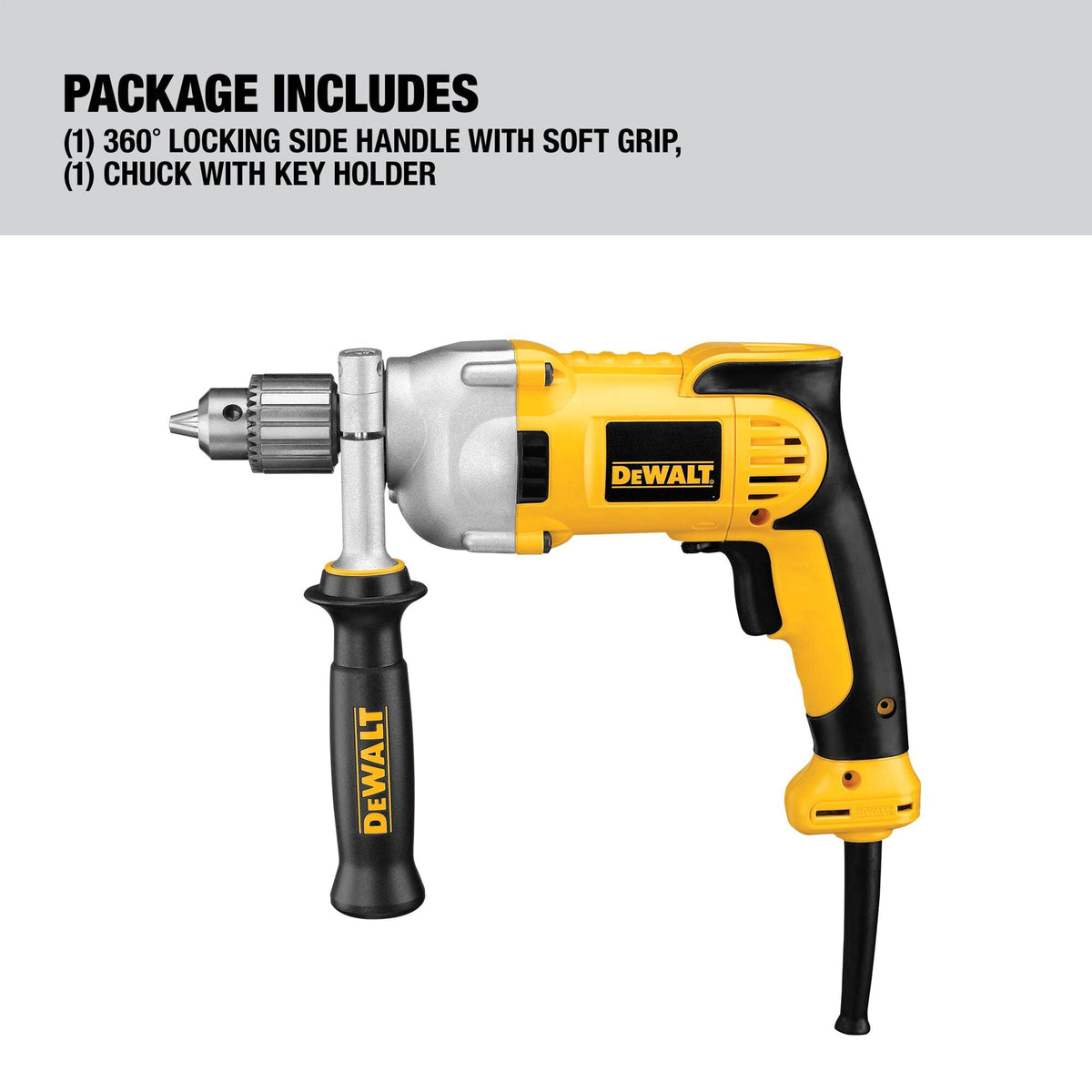 Taladro eléctrico con cable DEWALT de 1/2 pulgada (13 mm), empuñadura tipo pistola, 10 amperios – Reacondicionado